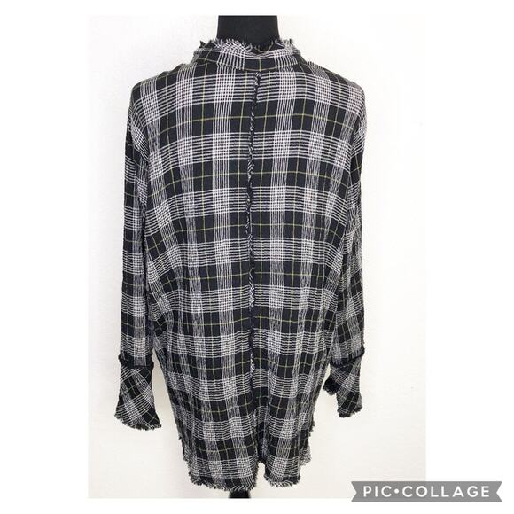 Habitat black white plaid gauze cotton raw hem button tunic top size Large - Picture 16 of 16
